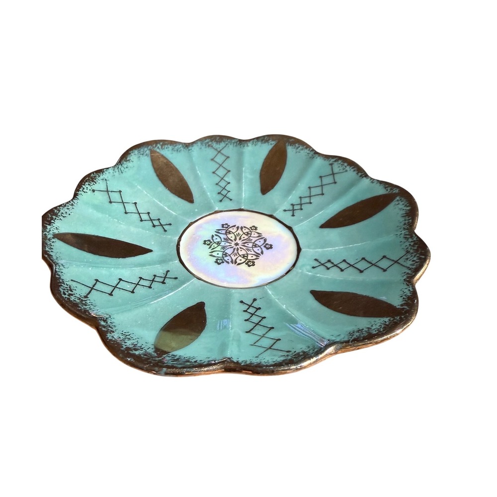 Vtg Norcrest Japan Turquoise Gold Lusterware Saucer Trinket Dish C-136 5.75in - Picture 3 of 5